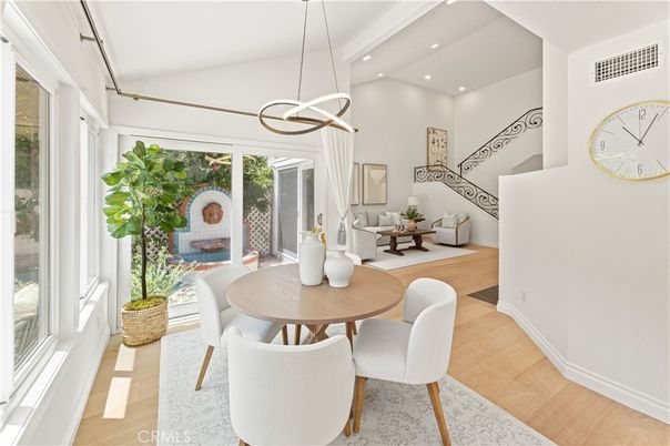 Dining room, Interior, Pendant Lights, Recessed Lighting, Wood Texture Flooring