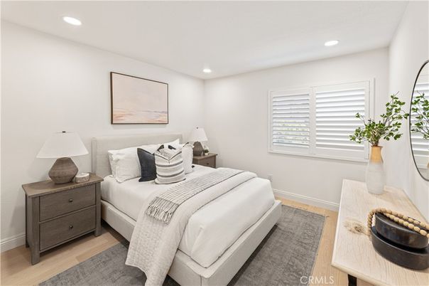 Bedroom, Interior, Recessed Lighting, Wood Texture Flooring