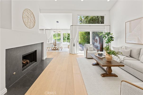 Dining room, Fireplace, Interior, Living room, Pendant Lights, Wood Texture Flooring