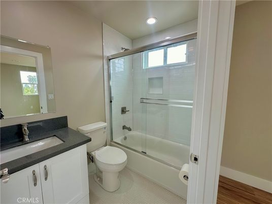 Bathroom, Glass Shower, Interior, Recessed Lighting, Wood Texture Flooring