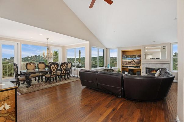 Chandelier, Dining room, Fireplace, Interior, Living room, Recessed Lighting, Wood Texture Flooring