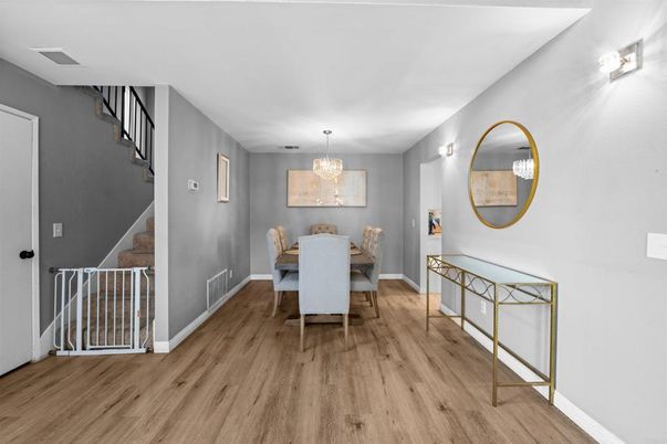 Chandelier, Dining room, Interior, Wood Texture Flooring