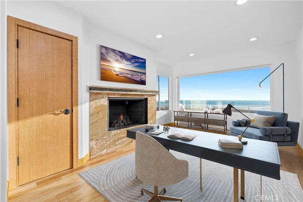 Fireplace, Home Office, Interior, Recessed Lighting, Wood Texture Flooring