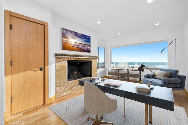 Fireplace, Home Office, Interior, Recessed Lighting, Water, Wood Texture Flooring