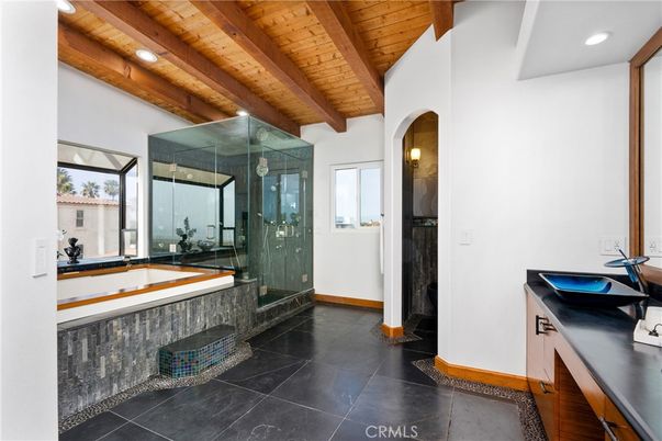 Bathroom, Glass Shower, Interior, Recessed Lighting, Wooden Beams, Wooden Ceilings