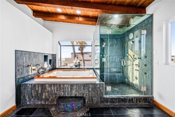 Bathroom, Glass Shower, Interior, Recessed Lighting, Wooden Beams, Wooden Ceilings