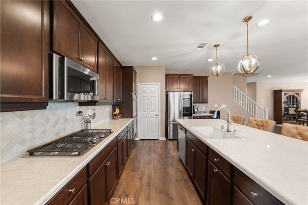 Interior, Kitchen, Pendant Lights, Recessed Lighting, Stainless Steel Appliances, Wood Texture Flooring