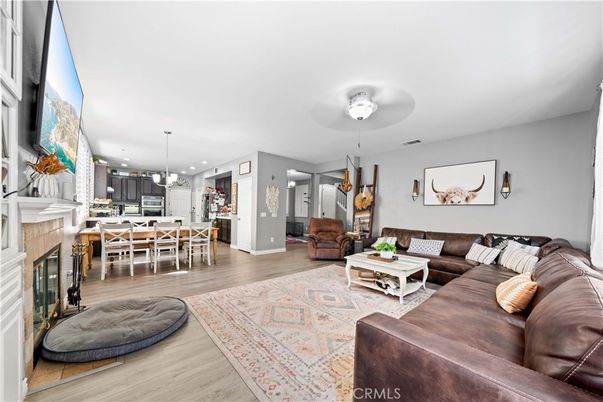 Dining room, Fireplace, Interior, Kitchen, Living room, Pendant Lights, Recessed Lighting, Wood Texture Flooring