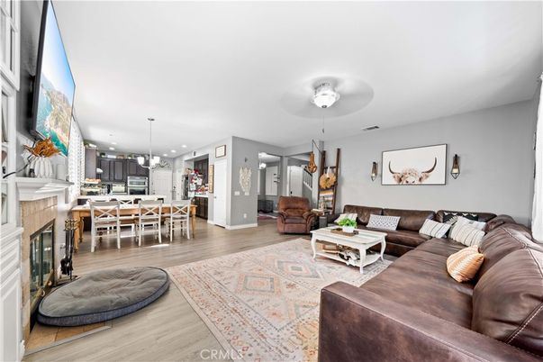 Dining room, Fireplace, Interior, Kitchen, Living room, Pendant Lights, Recessed Lighting, Wood Texture Flooring