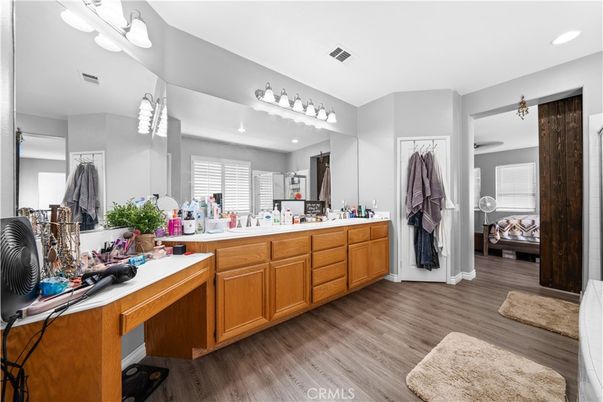 Bathroom, Dual Sink Vanities, Interior, Recessed Lighting, Wood Texture Flooring
