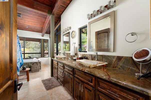 Bathroom, Dual Sink Vanities, Interior, Recessed Lighting, Wooden Beams, Wooden Ceilings
