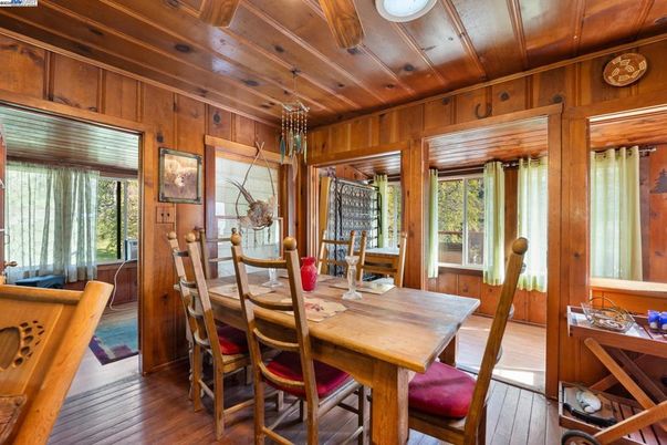 Dining room, Interior, Pendant Lights, Wooden Ceilings, Wood Texture Flooring, Wooden Walls