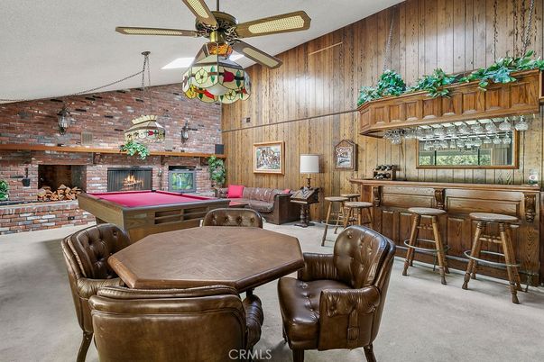 Billiard Table, Fireplace, Game Room, Interior, Stone Walls, Wooden Walls