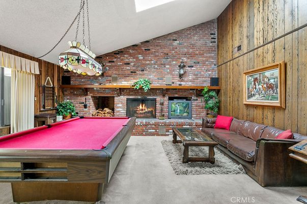 Billiard Table, Fireplace, Game Room, Interior, Living room, Pendant Lights, Stone Walls, Wooden Walls