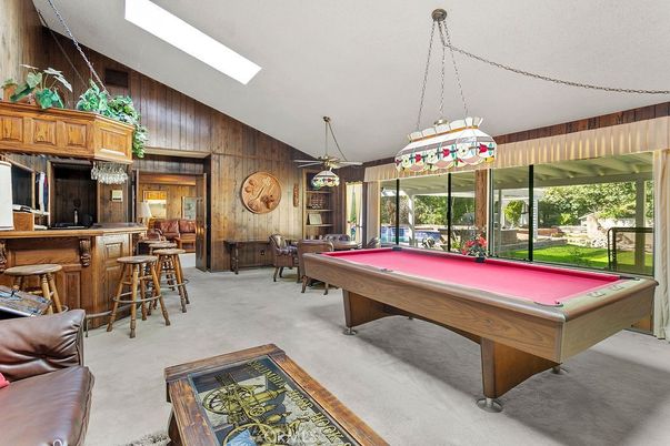 Billiard Table, Game Room, Interior, Pendant Lights, Wooden Walls