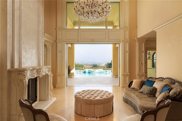 Chandelier, Fireplace, Interior, Pool