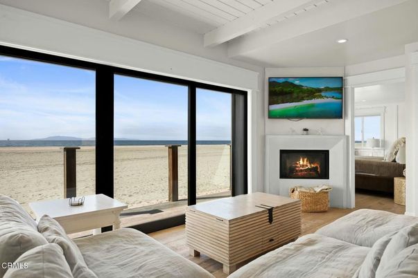 Bedroom, Fireplace, Interior, Recessed Lighting, Water, Wood Texture Flooring
