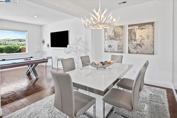 Billiard Table, Chandelier, Dining room, Game Room, Interior, Pendant Lights, Recessed Lighting, Wood Texture Flooring