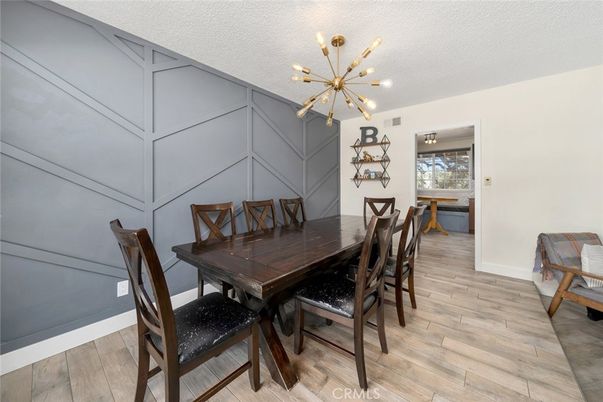 Dining room, Interior, Pendant Lights, Wood Texture Flooring