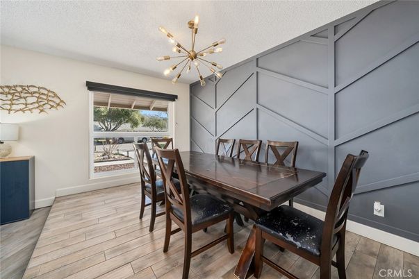 Dining room, Interior, Pendant Lights, Wood Texture Flooring