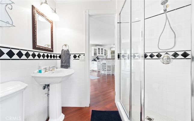 Bathroom, Glass Shower, Interior, Recessed Lighting, Wood Texture Flooring