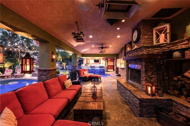 Fireplace, Interior, Living room, Recessed Lighting, Stone Walls
