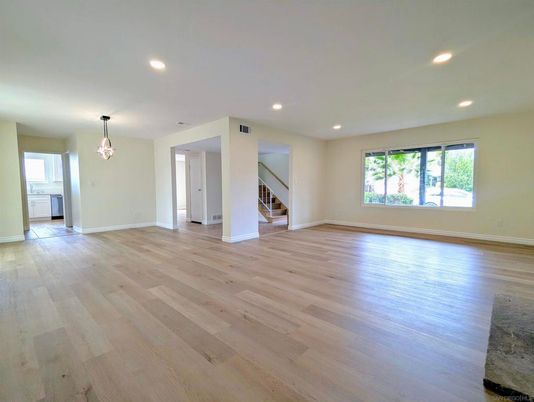 Empty room, Interior, Pendant Lights, Recessed Lighting, Wood Texture Flooring