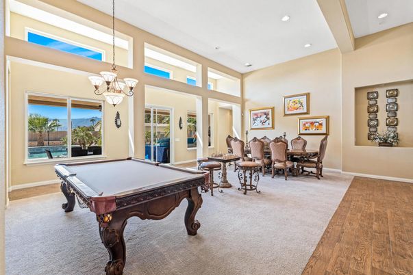 Billiard Table, Chandelier, Dining room, Game Room, Interior, Recessed Lighting, Wood Texture Flooring