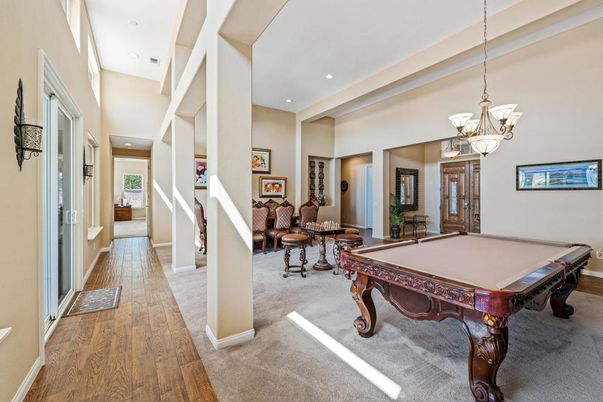 Billiard Table, Chandelier, Game Room, Interior, Recessed Lighting, Wood Texture Flooring