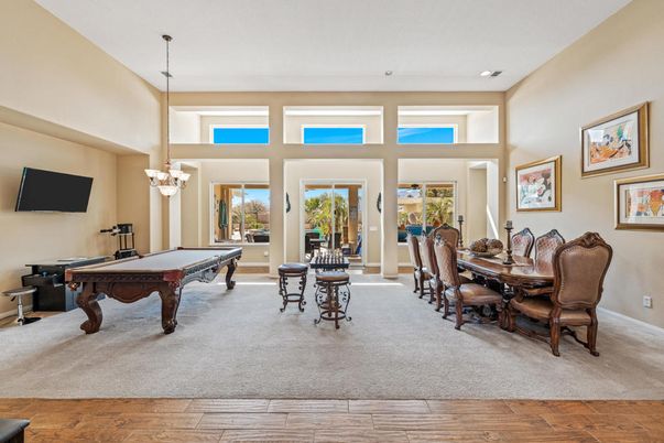 Billiard Table, Chandelier, Dining room, Game Room, Interior, Pendant Lights, Wood Texture Flooring