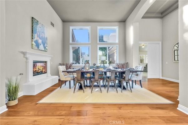 Dining room, Fireplace, Interior, Wood Texture Flooring