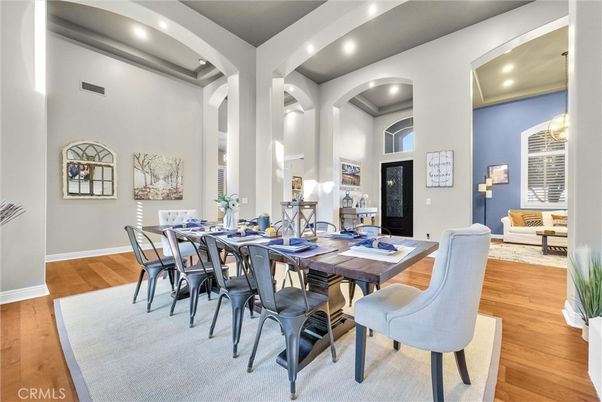 Dining room, Interior, Recessed Lighting, Wood Texture Flooring