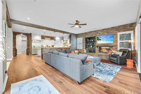 Fireplace, Interior, Kitchen, Living room, Pendant Lights, Recessed Lighting, Stone Walls, Wood Texture Flooring