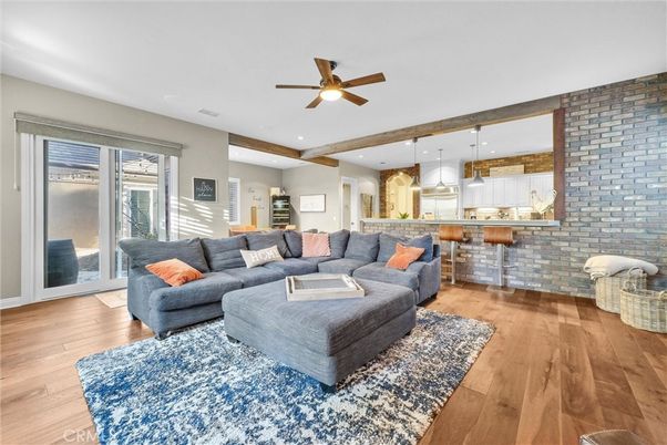 Interior, Kitchen, Living room, Pendant Lights, Recessed Lighting, Stone Walls, Wooden Beams, Wood Texture Flooring