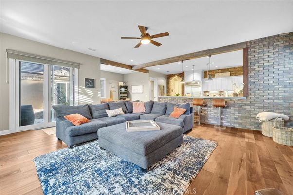 Interior, Kitchen, Living room, Pendant Lights, Recessed Lighting, Stone Walls, Wooden Beams, Wood Texture Flooring