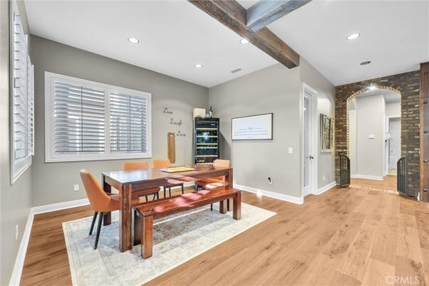 Dining room, Interior, Recessed Lighting, Wooden Beams, Wood Texture Flooring