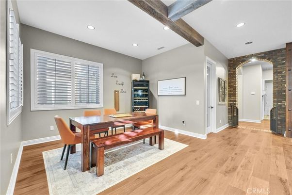 Dining room, Interior, Recessed Lighting, Wooden Beams, Wood Texture Flooring