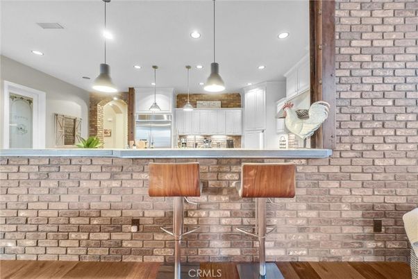 Interior, Kitchen, Pendant Lights, Recessed Lighting, Stone Walls, Wood Texture Flooring