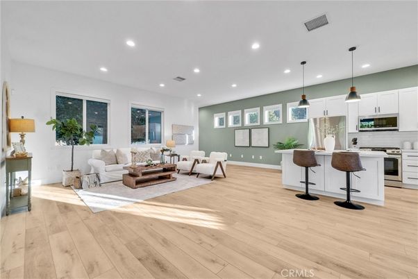 Interior, Kitchen, Living room, Pendant Lights, Recessed Lighting, Stainless Steel Appliances, Wood Texture Flooring