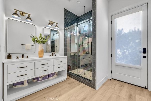Bathroom, Glass Shower, Interior, Wood Texture Flooring