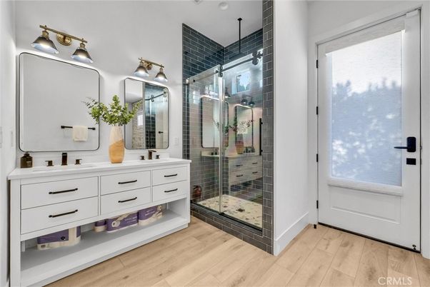 Bathroom, Glass Shower, Interior, Wood Texture Flooring