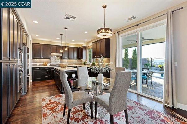 Dining room, Interior, Kitchen, Pendant Lights, Recessed Lighting, Wood Texture Flooring