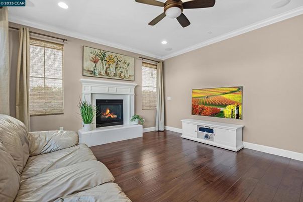 Fireplace, Interior, Recessed Lighting, Wood Texture Flooring