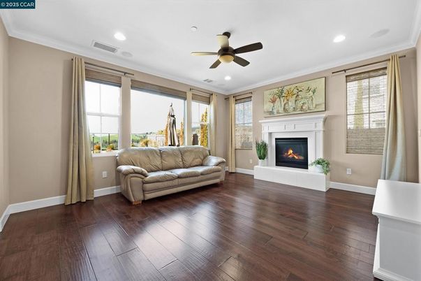 Empty room, Fireplace, Interior, Recessed Lighting, Wood Texture Flooring