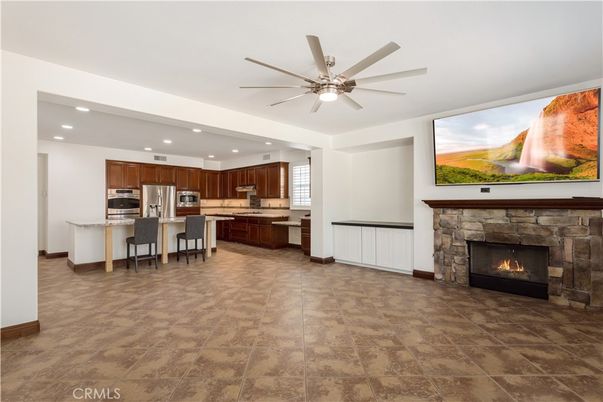 Fireplace, Interior, Kitchen, Recessed Lighting, Stainless Steel Appliances
