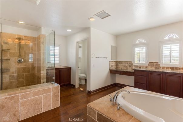 Bathroom, Glass Shower, Interior, Recessed Lighting, Wood Texture Flooring