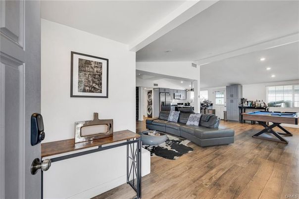 Billiard Table, Game Room, Interior, Kitchen, Living room, Recessed Lighting, Stainless Steel Appliances, Wood Texture Flooring