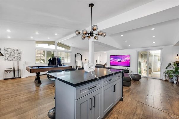 Billiard Table, Game Room, Interior, Kitchen, Pendant Lights, Recessed Lighting, Wood Texture Flooring