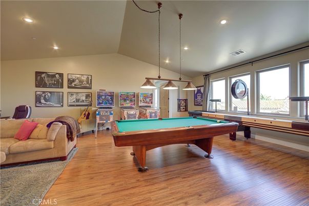 Billiard Table, Game Room, Interior, Pendant Lights, Recessed Lighting, Wood Texture Flooring