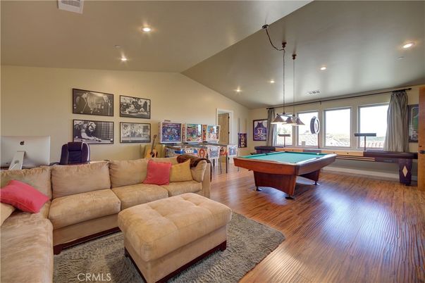 Billiard Table, Game Room, Interior, Living room, Pendant Lights, Recessed Lighting, Wood Texture Flooring